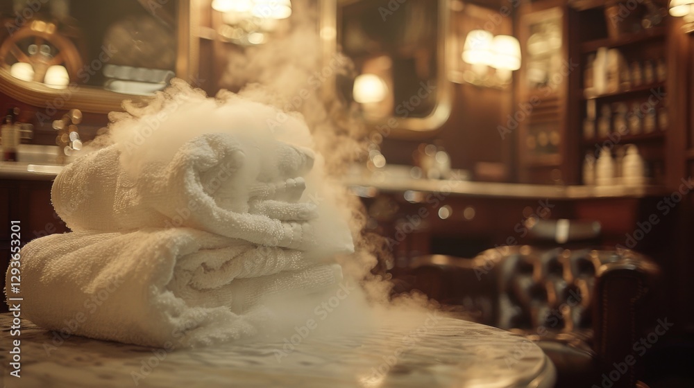 Poster stacked white towels sit on a marble table while warm steam rises in a luxurious spa, inviting guest