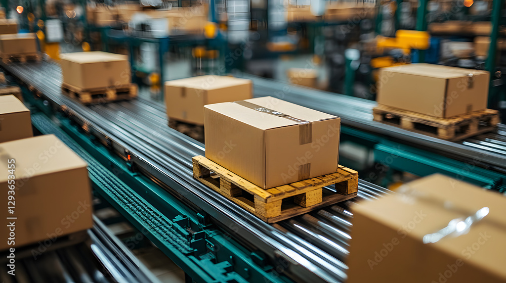 Poster the automated conveyor: cardboard boxes on a automated conveyor belt in a warehouse or distribution 