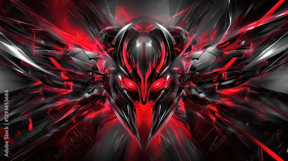 Poster intense red and black abstract digital art with glowing lines and shapes
