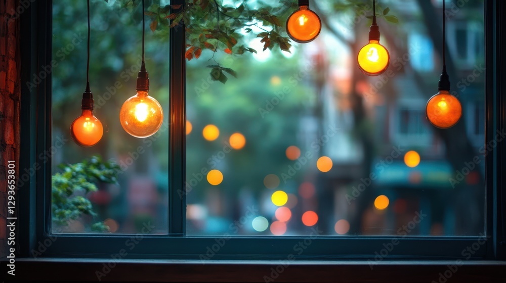 Poster a collection of light bulbs gracefully suspended from a window, illuminating the room with a warm an