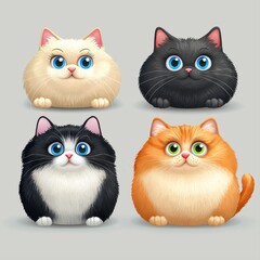 Adorable set of four cute cartoon cats with unique features and colorful designs capturing the essence of whimsy and fun