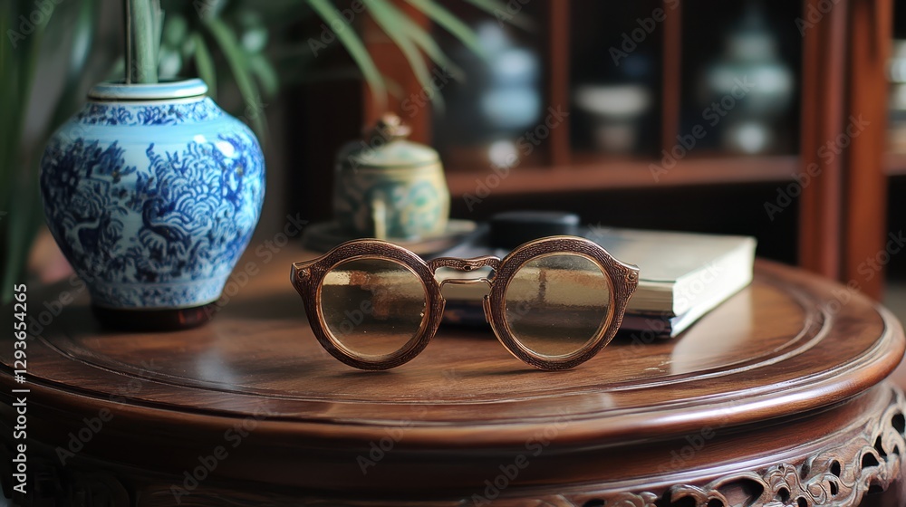 Poster a neatly arranged table featuring a book, spectacles, and a decorative vase, creating a cozy and int