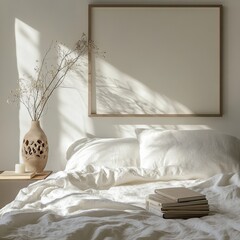 A white bed with a white pillow and a vase with flowers on a nightstand. There are also several books on the bed