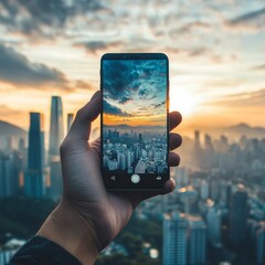 Hand holds smartphone w/ city bg.