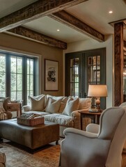 A rustic living room shows a sofa with a coffee table