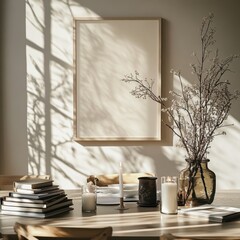 A table with a vase of flowers, candles, and books. The table is in a room with a white wall
