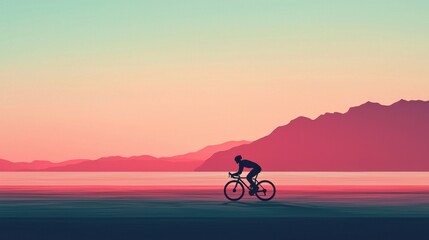 Obraz premium A man is riding a bicycle on a road near a lake