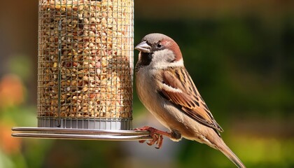 Fototapeta premium House Sparrow Perched on Bird Feeder Delicate Passer Domesticus Amidst Rustic Textures and Abundant Birdseed, Evoking a Peaceful Scene in Wintery Outdoors.