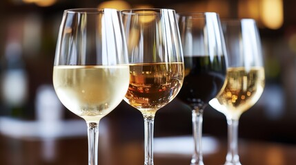 Three elegant glasses of wine are neatly arranged on a wooden table, showcasing their rich colors and inviting reflections.