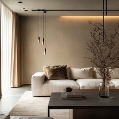 A modern living room featuring minimalist designed furniture and decor
