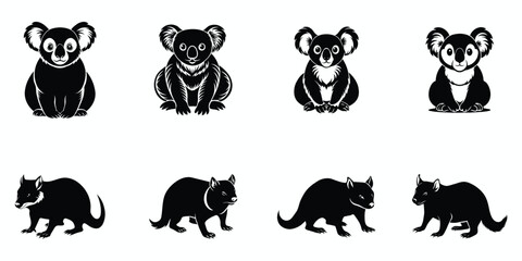 Obraz premium Set of animals, black and white linocut silhouette