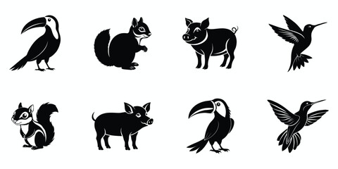 Set of animals, black and white linocut silhouette