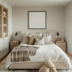 A bed with a white comforter and pillows. A framed picture is on the wall