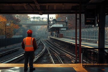 Fototapeta premium Railway Worker in Orange Vest at Train Station Platform