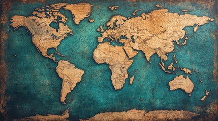 A detailed world map displayed on a vibrant blue background, highlighting geographical features and borders of various countries.