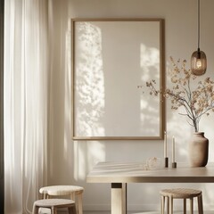 A white framed picture is on a table in front of a window. A vase with flowers is on the table