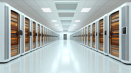 Explore a pristine, brightly lit server room showcasing advanced technology and efficient data storage, highlighting rows of meticulously arranged server racks with gleaming metallic surfaces
