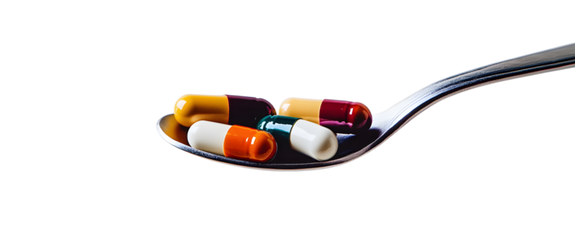 Medicine pills on a spoon against a white background conceptualizing health. with copy space image. Place for adding text or design