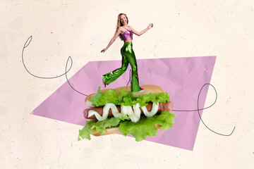 Trend artwork template design 3D collage sketch of dinner cook culinary tasty organic bread sausage...