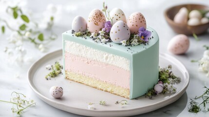 Easter celebration cake in a modern haute cuisine style. glossy mirror glaze pastel tones, such as lavender and pale yellow. decorations include a  chocolate speckled pastel eggs 