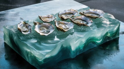 Gourmet Oysters A Fusion of Art and Haute Cuisine: A sophisticated arrangement of five fresh oysters, each nestled on a bed of shimmering crushed ice   shiny resin table surface
