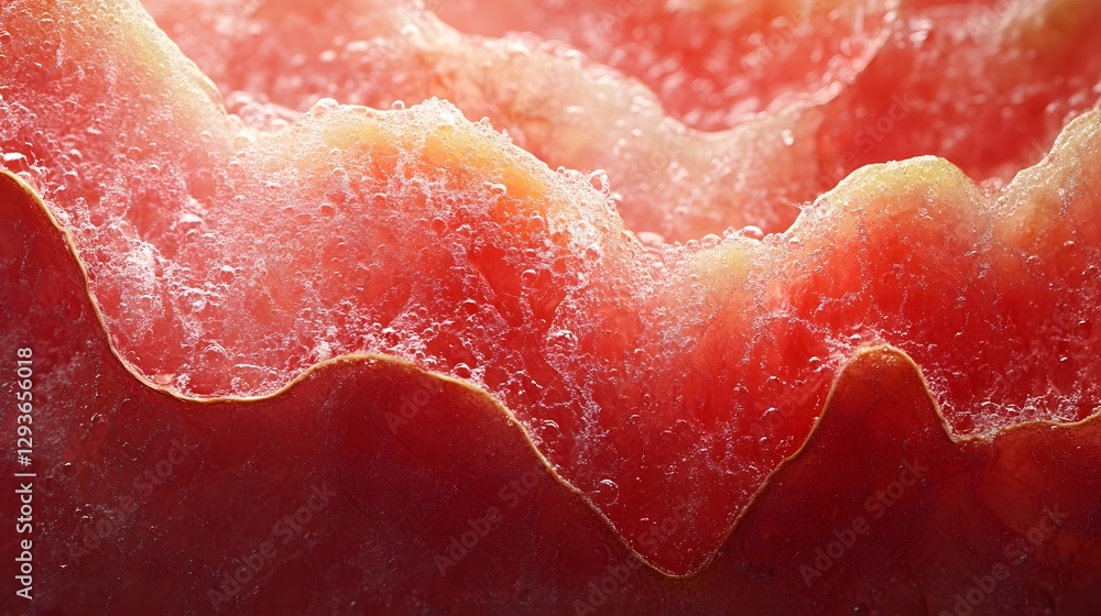 Poster A detailed macro shot showcasing the texture and bubbles on the surface of a red fruit. The vibrant color and unique pattern are captivating. Close-up Macro Photography of a Red Fruit with Bubbles
