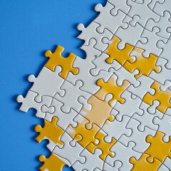 Obraz premium Explore a captivating close-up of a jigsaw puzzle, revealing intricate details and a compelling composition, where white pieces interlock with distinct yellow sections against a vibrant blue