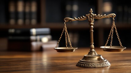 A gold balance scale with two pans elegantly rests on a wooden table, showcasing its classic design and functionality in weighing objects.