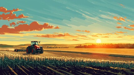 Fototapeta premium A tractor is driving through a field of corn