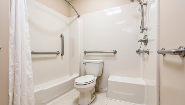 Explore a bright, accessible bathroom featuring safety and comfort, with a focus on universal design principles Showcasing a pristine white finish, this bathroom is equipped with grab bars, an