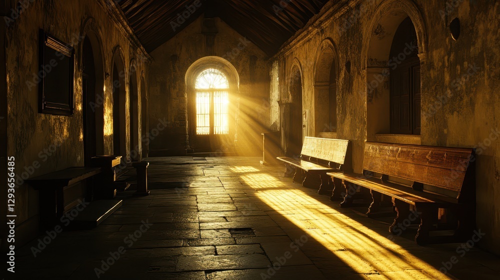 Poster sunlight filters through a window, illuminating a long hallway adorned with benches, creating a warm