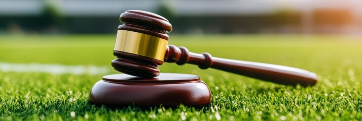 Obraz premium Gavel on Green Field - A judge's gavel rests on a lush green field, symbolizing legal disputes in sports or outdoor settings