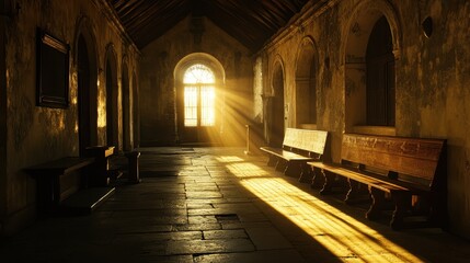 Fototapeta premium Sunlight filters through a window, illuminating a long hallway adorned with benches, creating a warm and inviting atmosphere.