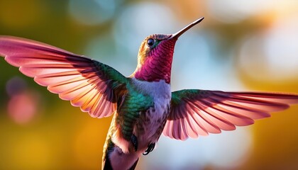 Vividly Colored Hummingbird in Full Flight, Showcasing Intricate Feather Details against Stark Black Background, Capturing the Energetic Grace and Intense Beauty of Natures Tiny Marvel
