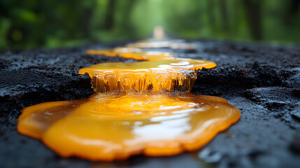 Molten Path of Energy: A stream of molten material flowing across a textured surface, its vibrant color contrasting against the dark ground, with blurred background of green forest.