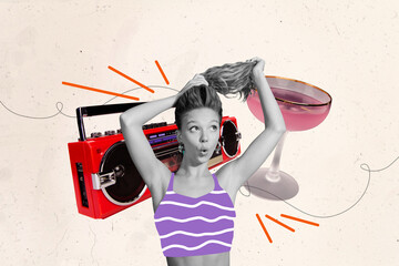 Trendy art creative vertical photo collage of astonished hipster girl hairdo ponytail boombox retro...