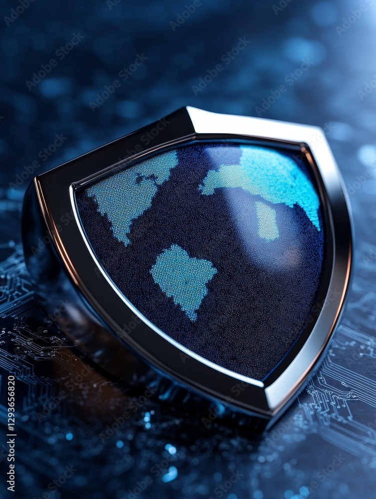 Poster global security shield - a metallic shield displaying a world map, symbolizing global cybersecurity 