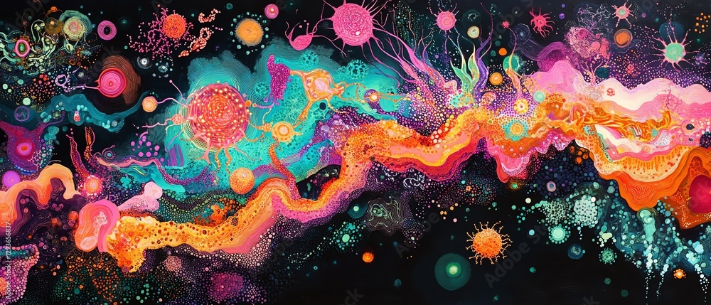 Poster a captivating visual of neural pathways in vibrant colors, with electric currents flowing through in