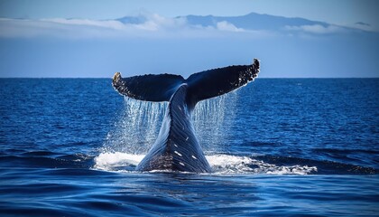 Fototapeta premium Majestic Humpback Whale Diving Beneath the Radiant Pacific Ocean Waters of Tonga, Polynesia A Stirring Scene of Grace and Elegance Amidst the Exotic Turquoise and Sapphire Seascape.