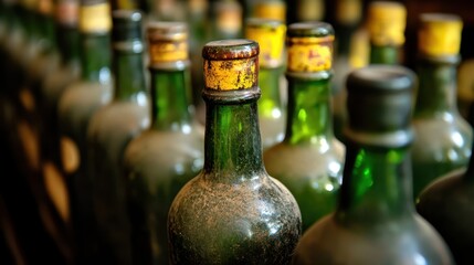 A row of wine bottles featuring distinct yellow caps, showcasing elegance and variety in design and color for wine enthusiasts and collectors.