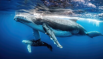 Naklejka premium Playful Humpback Whales Gliding through the Deep Blue Ocean, Gently Swimming alongside Their Calf, Capturing the Majesty and Grace of These Magnificent Creatures in a Breathtaking Underwater