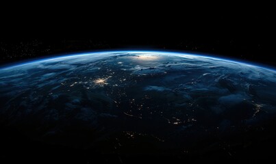 Obraz premium Majestic Earth at Night Viewed from Space: A Stunning Panorama of City Lights and Dark Blue Curves