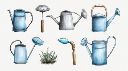 Collection of vintage watering cans on a white isolated background.
