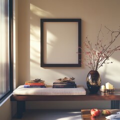 A black frame with a white background sits on a wooden bench. A vase of flowers sits on the bench next to the frame. There are several books on the bench