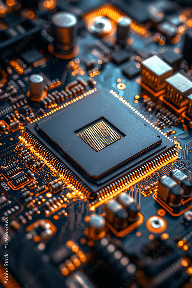Poster closeup of a computer processor, glowing with warm light, set against a dark circuit board. a powerf