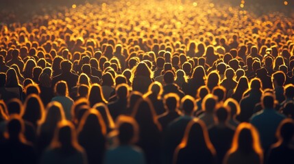 Obraz premium A diverse crowd of individuals gathers at sunset, creating a vibrant scene filled with warmth and connection under the fading light.