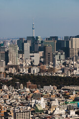 Fototapeta premium Beautiful super wide aerial view of Tokyo, Japan, rooftops and skyscrapers, with skyline and city scenery, seen from the observation deck in a sunny day with a blue sky, Tokyo Metropolitan urban area