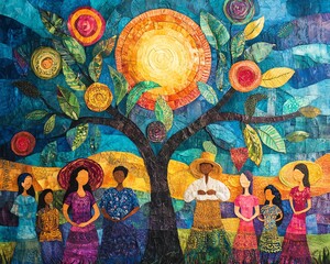 A rich visual display of community diversity, with individuals from various cultures sharing their traditions, food, and art in a vibrant, colorful environment