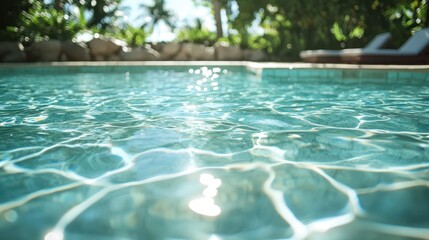 Fototapeta premium A serene pool reflects sunlight, creating sparkling patterns on the water's surface, inviting relaxation and enjoyment under a bright sky.