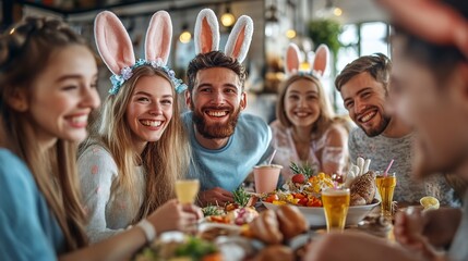 Obraz premium Easter party with guests in bunny ears, food, and games, symbolizing the lively celebration of Easter.